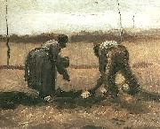 Vincent Van Gogh Peasant and Peasant Woman Planting Potatoes. Nuenen